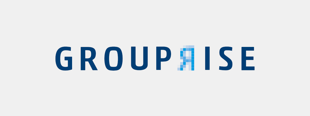 Der Grouprise Logo Schriftzug mit einem stilisierten gedrehten R.